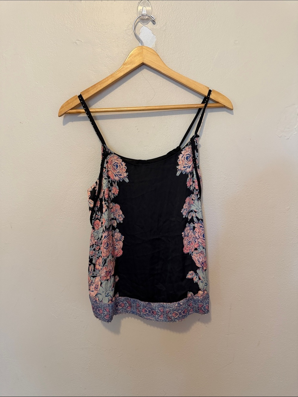 Free People Black Satin Floral Slip Top with Pink Roses